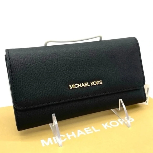 Michael Kors Handbags - Michael Kors Large Trifold Wallet Black Leather Rich Black/Gold